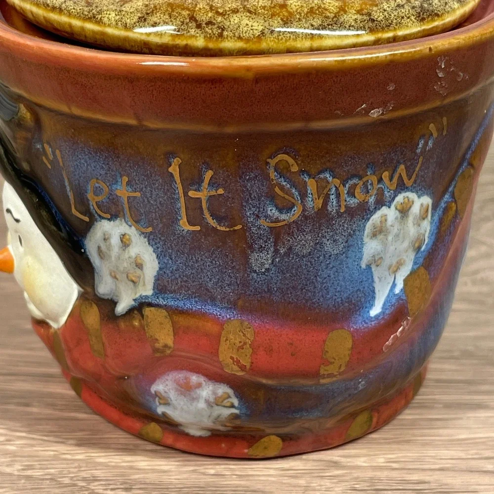 Handcrafted Snowman Ceramic Canister with Lid Let it Snow Christmas Decor